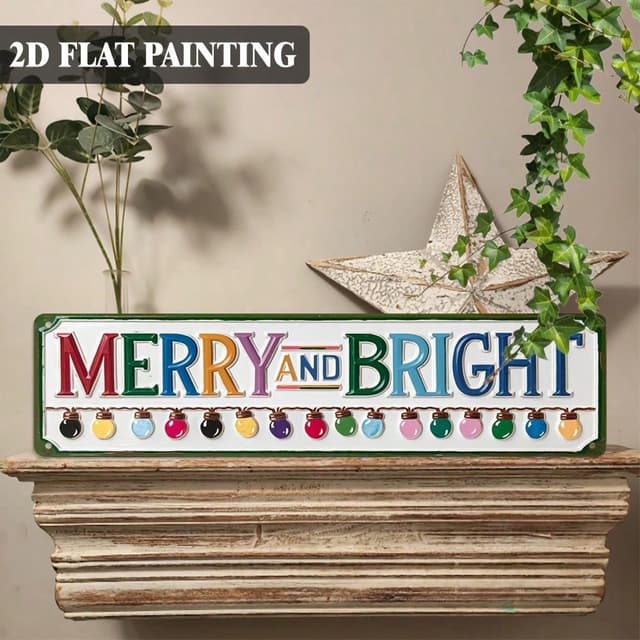 Supplier photo of Vintage Rustic Merry & Bright Christmas Wall Sign, Farmhouse Metal Decor