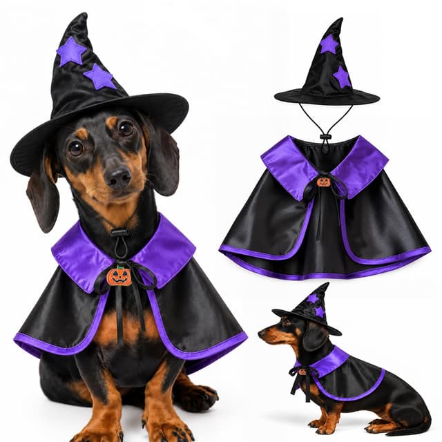 Supplier photo of Dog Witch Halloween Costume,  Dog Halloween Costumes, Witch Dog Costume Wizard Hat And Cape, Adjustable Neck Tie And Elastic Hat Strap For Small Dogs, Puppy And