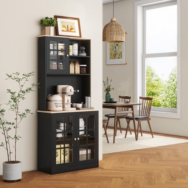 Supplier photo of 72" Black Kitchen Pantry Storage Cabinet with Hutch, Large Countertop & Adjustable Glass Door Shelves