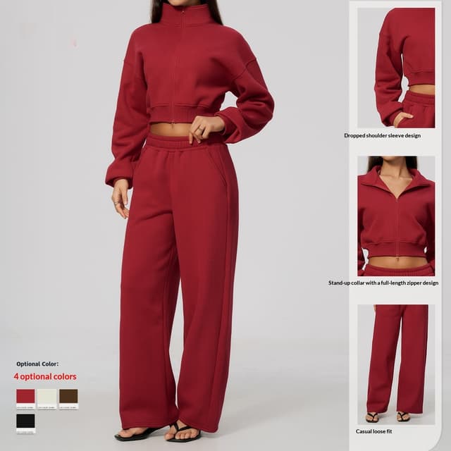 Supplier photo of Stand-collar Zip-up Short Jacket And Pants For Women