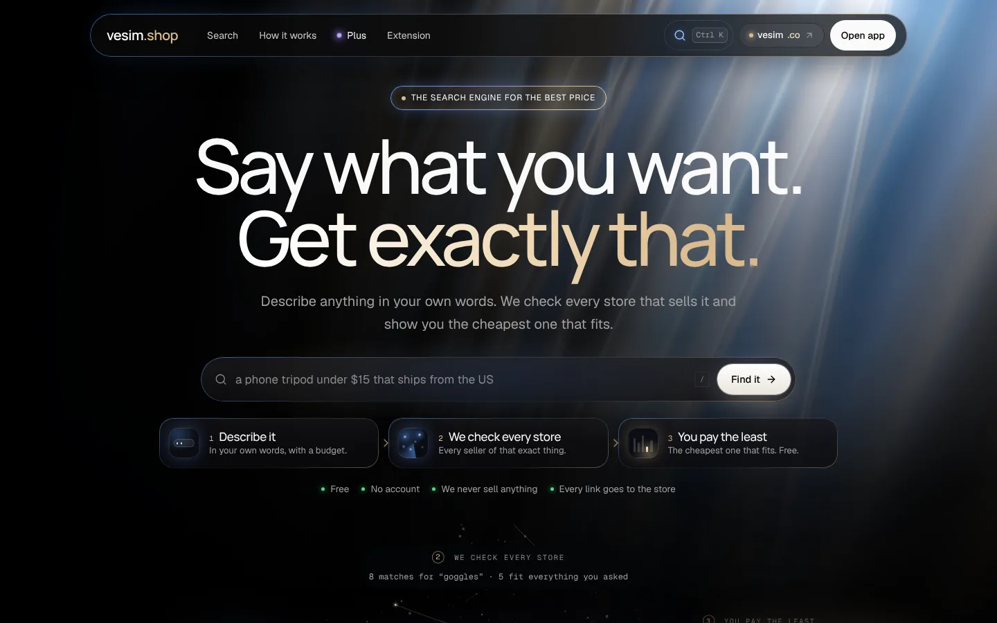 The vesim.shop homepage: “Say what you want. Get exactly that.” over a search bar and three steps.